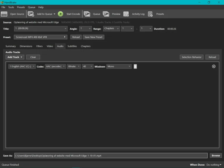 HandBrake - Audio - Bitrate: 40, Mixdown: Mono