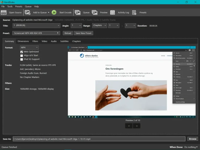 HandBrake - Summary - Format: MP4, Web Optimized