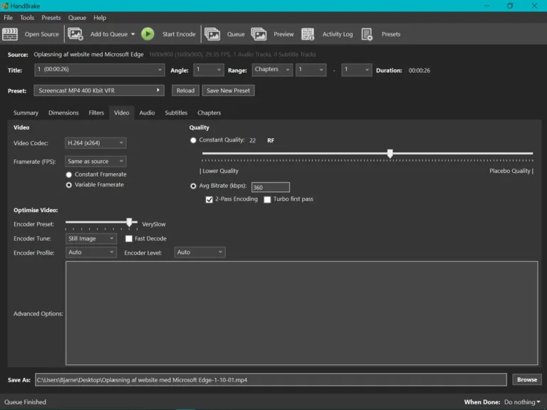 HandBrake - Video - Video Codec: H.264, Encoder Preset: Slow, Encoder Tune: Still Image, Avg Bitrate: 360, 2-Pass Encoding: on