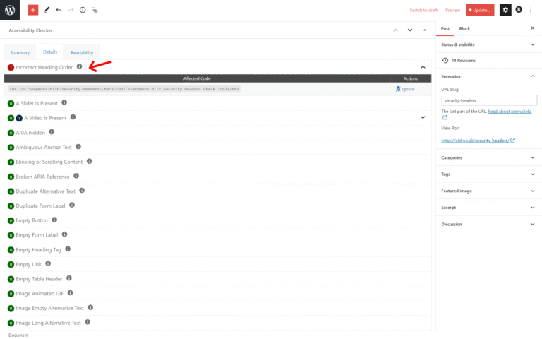 Accessibility Checker advarer om forkert overskriftsniveau