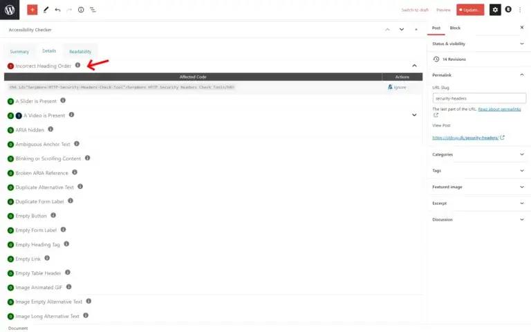 Accessibility Checker advarer om forkert overskriftsniveau