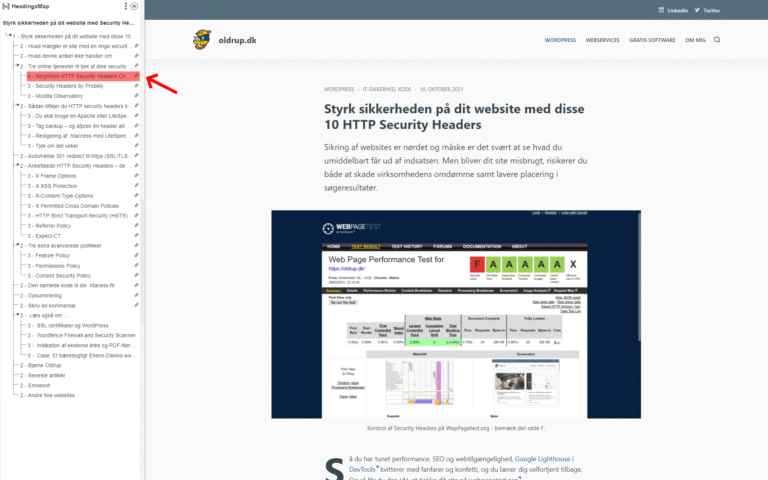 HeadingsMap udvidelsen i Google Chrome