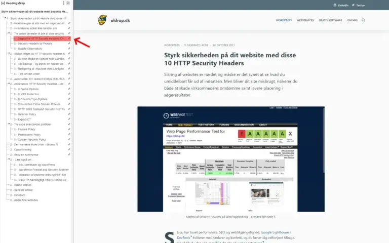 HeadingsMap udvidelsen i Google Chrome