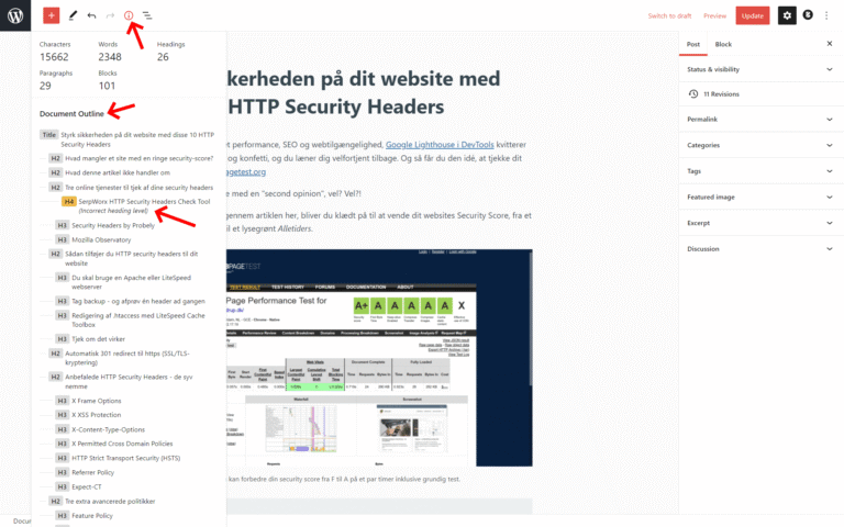 Dokumentoversigten i WordPress blok-editor