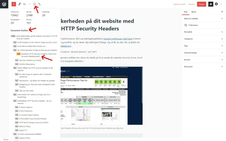 Dokumentoversigten i WordPress blok-editor