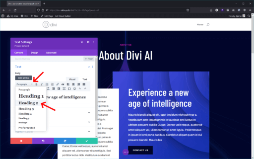 In most Divi modules, you select a text and switch from Paragraph to Heading.