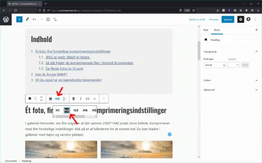 I Gutenberg skal du bruge blokken "Heading"