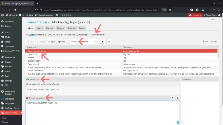 Oversætter teksten "Search Results" i temaet til dansk med LocoTranslate