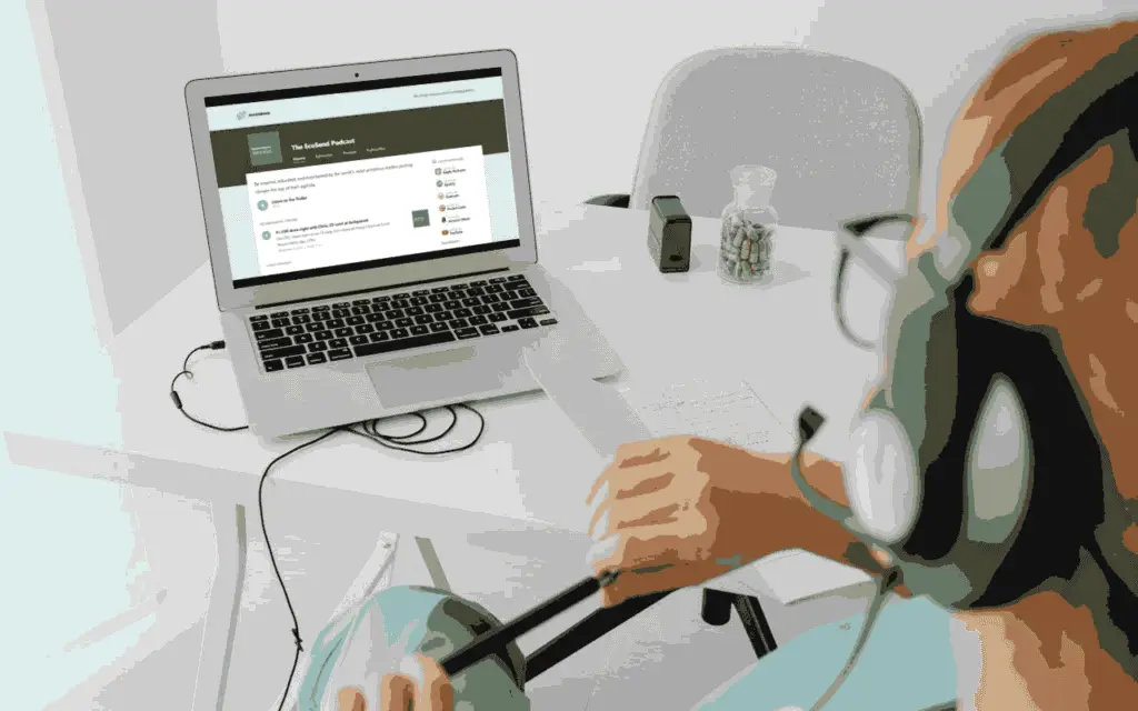 Mockup of woman listening to The EcoSend podcast on her laptop.