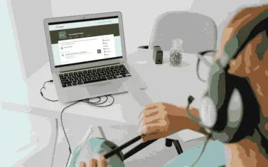 Mockup of woman listening to The EcoSend podcast on her laptop.