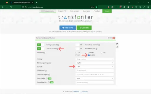 Transfonter; converting to woff2, subsetting to Latin only.