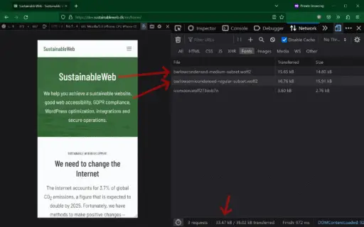 Inspect Tool, Network Tab; Two fonts totaling 33 kB loaded.