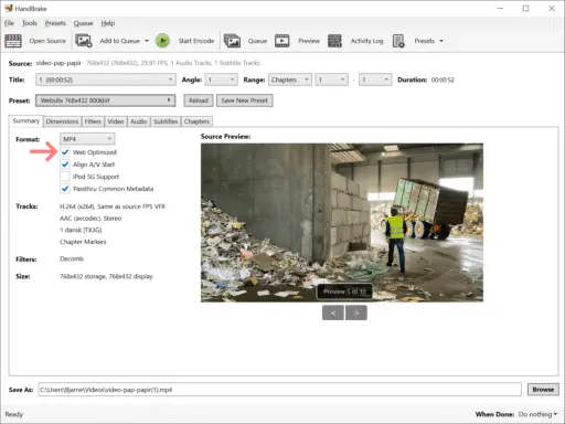 Handbrake Summary tab; Format: MP4, Web Optimized; Other settings: default.