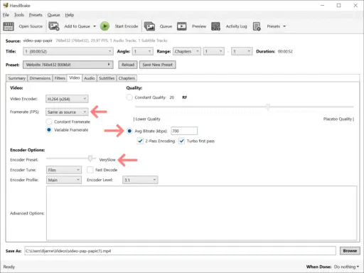 HandBrake Video tab; FPS: Same as source; Bitrate: 700 Kbps, 2-pass encoding