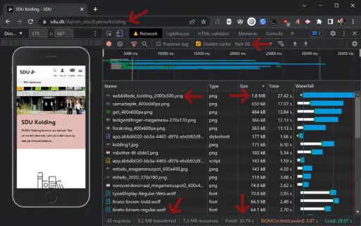 SDU Kolding website loads on throttled iPhone in 30 seconds.