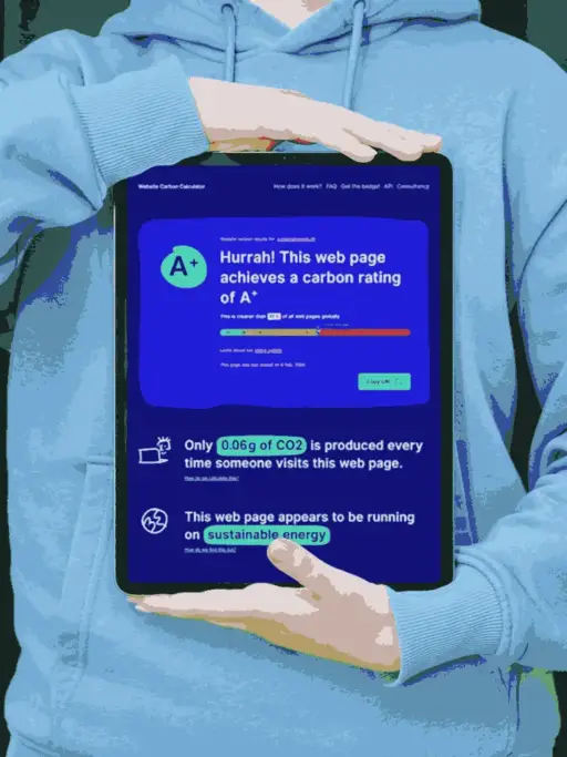 Person holding an iPad saying “Hurrah! This web page is cleaner than 95% of the web pages tested.”